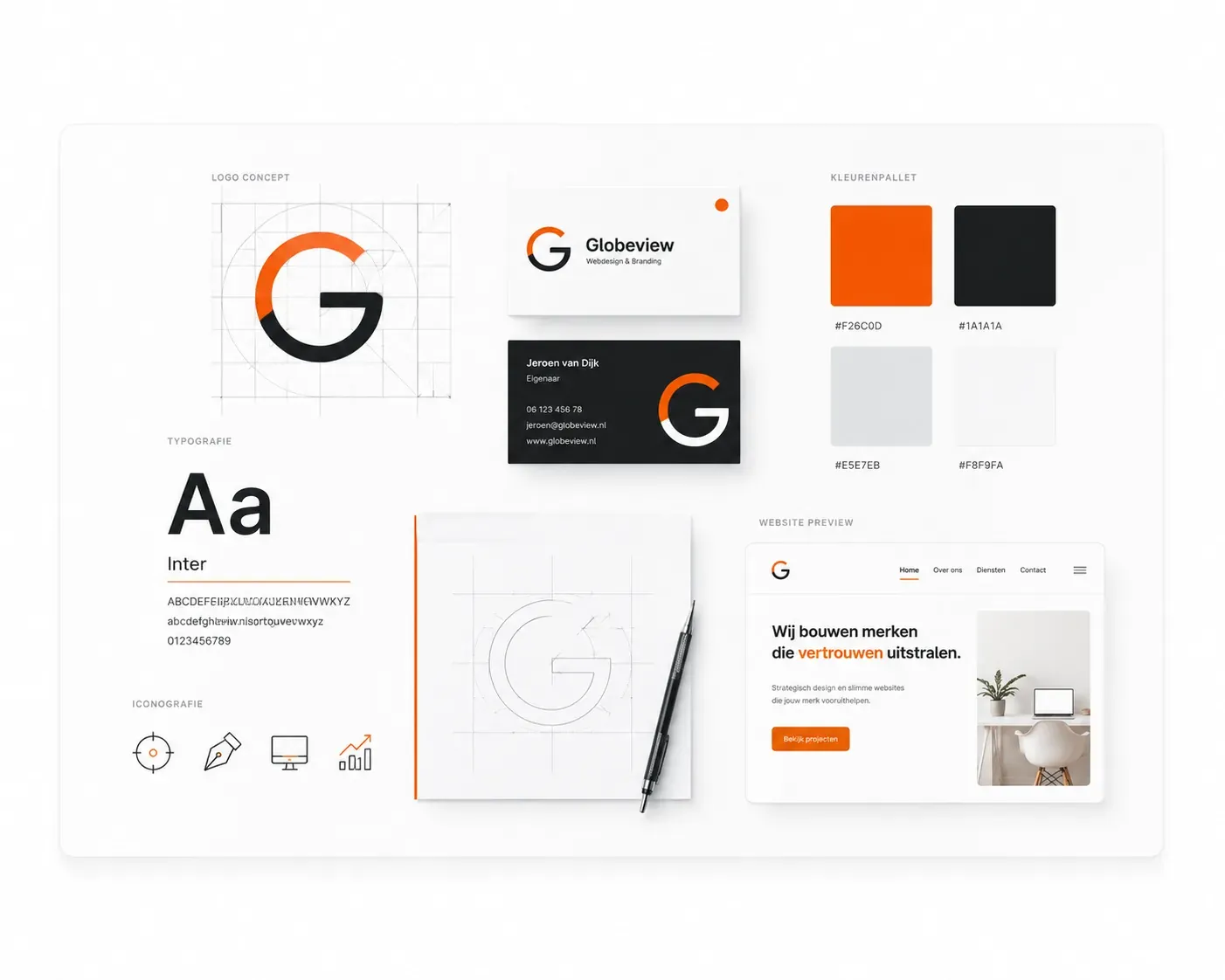 Brandbook met logo, kleuren en typografie, huisstijl ontwerp door Globeview