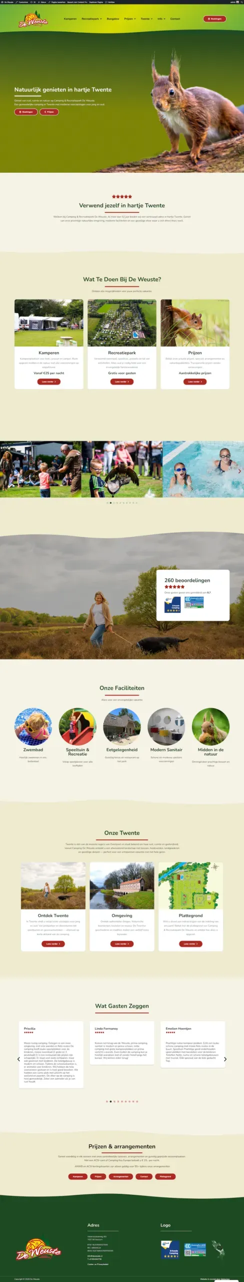 De volledige homepage van Camping De Weuste, van boven tot onder