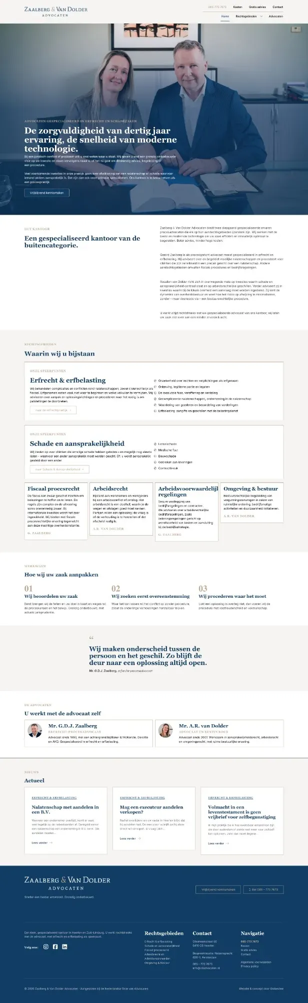 De volledige homepage van Zaalberg & Van Dolder Advocaten, van boven tot onder